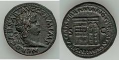 Nero (AD 54-68). Æ as (27mm, 10.84 gm, 6h). Rome, ca. AD 65. NERO CAESAR AVG GERM IMP, laureate head of Nero right / PACE P R TERRA MARIQ PARTA IANVM CLVSIT S C, corner view of the Temple of Janus wit