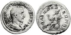 Gordian I Africanus (AD 238). AR denarius (19mm, 2.94 gm, 6h). Rome. IMP M ANT GORDIANVS AFR AVG, laureate, draped and cuirassed bust of Gordian I right / ROMAE AETERNAE, Roma seated left on shield, h