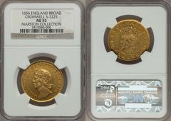 Cromwell gold Broad, or 20 Shillings, 1656, S-3225, WR-39 (R2), reeded edge, AU53 NGC, a coin which clearly saw use over a period of years, proving that not all of Oliver Cromwell's coins were put int