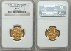 Papal States. Roman Senate gold Ducat ND (1350-1439), Fr-2, AU50 NGC, boldly struck in the style of the contemporary Venetian Ducat with SEN on St. Peter's banner and M - B added to the sides. Very sc