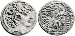 SYRIA. Antioch. Aulus Gabinius as Proconsul, 57-55 BC. AR Tetradrachm (15.71 gm). Imitating types of Philip I Philadelphus. Diademed head of Philip right / Zeus Nicephorus seated left; monograms (of G