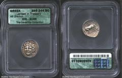 Thessaly, Larissa. Circa 340 B.C. AR drachm. Head of the nymph Larissa three-quarters facing to left/Horse grazing right. 6.17 g. Dewing 1396, SNG Cop 122. AU55 ICG, of lovely style with a few flan fl
