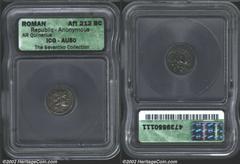 Anonymous Issue. 211-210 B.C. AR quinarius minted in Apulia. Head right of Roma wearing Phrygian helmet; behind, "V"/Dioscuri right. 2.35 g. Crawford 102/2b, cf. Sydenham 181. AU50 ICG with lovely gre