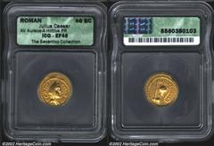 Julius Caesar, d. 44 B.C. AV aureus minted by A. Hirtius in 46 B.C. Veiled female head right/Lituus, jug and ax. 8.18 g. Cr. 466/1, Syd. 1017. EF45 ICG. Gold coins were struck infrequently during the 