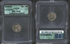 Pertinax, A.D. 193. AR denarius. Laureate head right of Pertinax/Ops seated left, holding corn ears. RIC 8(a) [as R2], C. 33. VF25 ICG. Ops symbolizes prosperity and aid. She is rarely represented on 
