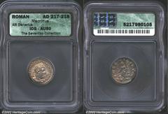 Macrinus, A.D. 217-218. AR denarius. Laureate and cuirassed bust right of Macrinus/Fides standing front, head right, holding standard in each hand. RIC 66. AU50 ICG, boldly struck and expressive portr