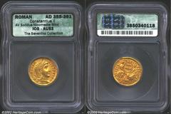 Constantius II, A.D. 337-361. AV solidus minted at Nicomedia, A.D. 355-361. Diademed head right of Constantius II/Roma and Constantinopolis enthroned holding inscribed shield between them. 4.55 g. RIC