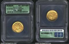 Pulcheria, sister of Theodosius II, d. A.D. 453. AV solidus minted at Constantinople, A.D. 423-429. Diademed and draped bust right of Pulcheria; above, hand holding wreath/Victory standing left, holdi