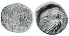 Yehud (333-302 BC). AR quarter ma'ah-obol (6.6 mm, 0.22 gm). Blank / ÕxJÕ (hapecha-the governor) to l., Õúkõxú (yhzqyh-Hezekiah) to r. of owl standing r., head facing, the feathers of the head form a 
