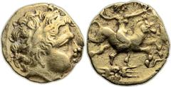 CELTIC GAUL. Northwest Region. The Redones. Ca. 2nd century BC. AV stater (21mm, 8.04 gm, 9h). Large laureate head of Apollo right of slightly Celticized style / Naked female rider on horseback right 