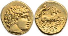 Philip II (359-336 BC). AV stater (19mm, 8.60 gm, 12h). Teos, posthumous issue under Philip III, 323-317 BC. Laureate head of Apollo right / Charioteer driving racing biga right, ΦΙΛΙΠΠΟΥ above spearh