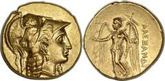 Alexander III The Great (336-323 BC). AV stater (18mm, 8.62 gm, 2h). Uncertain Eastern or Levantine mint, ca. 325-301 BC: Helmeted head of Athena right, helmet ornamented with leaping griffin / ΑΛΕΞΑΝ