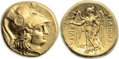 Philip III Arrhidaeus (323-317 BC). AV stater (19mm, 8.56 gm, 9h). Babylon, ca. 323-318/7 BC. Head of Athena right, wearing Corinthian helmet ornamented with coiled serpent / ΦΙΛΙΠΠΟΥ, Nike standing l