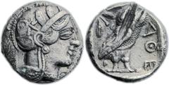 Athens. Ca. 454-413 BC. AR/Æ fourrée tetradrachm (24mm, 13.73 gm, 3h). Head of Athena right, wearing crested Attic helmet ornamented with three laurel leaves and vine scroll / ΑΘΕ, owl standing right,