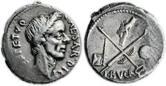 Julius Caesar (44 BC). AR denarius (17mm, 3.93 gm, 5h). Rome, lifetime issue, February-March 44 BC. L. Aemilius Buca, moneyer. CAESAR. DICT PERPETVO, laureate head of Caesar right / Winged caduceus an