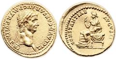 Claudius (AD 41-54). AV aureus (20mm, 7.79 gm, 3h). Rome, AD 46-7. TI CLAVD CAESAR AVG PM TR P VI IMP XI, laureate head of Claudius right / CONSTANTIAE AVGVSTI, Constantia seated left on curule chair,