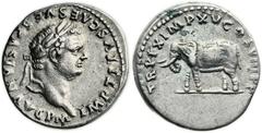 Titus (AD 79-81). AR denarius (17mm, 3.53 gm, 5h). Rome. IMP TITVS CAES VESPASIAN AVG P M, laureate head of Titus right / TR P IX IMP XV COS VIII P P, elephant standing left, wearing cuirass. RIC 115.