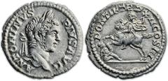 Caracalla (AD 198-217). AR denarius (18mm, 2.62 gm, 6h). Rome. ANTONINVS PIVS AVG, laureate head of Caracalla right / PONTIF TR P XII COS III, Caracalla on horseback left, brandishing javelin at falle