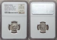 Galerius (AD 305-313). AR argenteus (19mm, 3.62 gm, 12h). Serdica, AD 305-306. MAXIMIA-NVS AVG, laureate head of Galerius right / VIRTVS MILITVM, three-turreted camp gate, without doors, •SM•SDE• in e