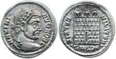 Maximinus II Daia as Caesar (AD 305-309). AR argenteus (19.5mm, 3.45 gm, 12h). Serdica, AD 305-306. MAXIMI - ANVS NOB C, laureate head of Maximinus right / VIRTVS - MILITVM, fortress gate topped by th