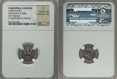 CORINTHIA. Corinth. Early to mid-5th century BC. AR drachm (13mm, 2.68 gm, 11h). Pegasus flying right with curled wing / Head of Aphrodite right, in incuse square. BCD Corinth 30 (same dies); SNG Cope