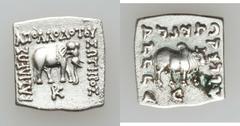 INDO-GREEK KINGDOM. Apollodotus I Soter (ca. 174-160 BC). AR square Indic drachm (2.40 gm). ΒΑΣΙΛΕΩΣ ΑΠΟΛΛΟΔΟΤΟΥ ΣΩΤΗΡΟΣ, elephant right, KP monogram in exergue / Kharosthi legend Maharajasa Apaladata