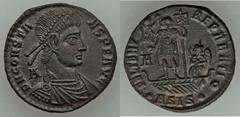 Constans I (AD 337-350). Æ centenionalis (5.77 gm) Siscia, 1st officina, AD 348-350. Diademed, draped, and cuirassed bust right / Emperor on ship holding labarum and Victory on globe; Victory guides s