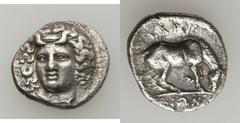 GREEK. Lot of three (3) facing-head coins. Includes: (1) Thessaly, Larissa (ca. 405-344 BC), AR drachm (BMC 57) // (2) Carian Islands, Rhodes (ca. 340-316 BC), AR didrachm (SNG Finland 452) // (3) Rho