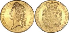 George II gold 5 Guineas 1729-E.I.C., S-3664, Young laureate Head, Tertio edge, AU55 NGC, highly lustrous with light hairlines, a few long ancient scratches on the king's face and neck, nicely detaile