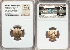 CELTIC BRITAIN. Trinovantes and Catuvellauni. Cunobelin (ca. AD 10-43). AV stater (17.5mm, 5.39 gm, 8h).  CA-M[V], ear of barley / Free horse prancing right, pellet and branch above, CVN below. BMC 17