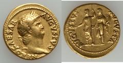 Nero (AD 54-68). AV aureus (19mm, 7.29 gm, 6h).  Rome, ca. AD 64-65. NERO CAESAR AVGVSTVS, laureate head of Nero right / AVGVSTVS AVGVSTA, Nero, radiate and togate, standing left, holding patera and s