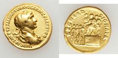 Trajan (AD 98-117). AV aureus (19mm, 7.06 gm, 6h). Rome, AD 116. IMP CAES NER TRAIAN OPTIM AVG GER DAC PARTHICO, laureate, draped and cuirassed bust of Trajan right / REGNA AD-SIGNATA, Trajan seated l