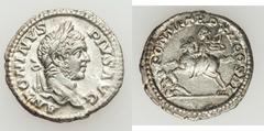 Caracalla (AD 198-217). AR denarius (18mm, 2.62 gm, 6h).  Rome, AD 209-210. ANTONINVS PIVS AVG, laureate head of Caracalla right / PONTIF TR P XII COS III, Caracalla on horseback left, brandishing jav