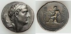 Seleucus IV Philopator (187-175 BC). AR tetradrachm (28mm, 16.40 gm, 12h).  Akko-Ptolemais mint. Diademed head of Seleucus right / ΒΑΣΙΛΕΩΣ ΣΕΛΕΥΚΟΥ, Apollo seated left on omphalos, holding arrow and 