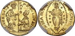 Hugues Loubenx de Verdala gold Zecchino ND (1582-95), Fr-8, AU58 NGC, typically crude style with fully lustrous surfaces and no wear evident, essentially a mint state coin. Rare Venetian style coinage