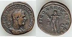 Macrinus (AD 217-218). Orichalcum sestertius (20.90 gm). Rome, AD 217-218. Laureate, cuirassed bust of Macrinus right / Jupiter standing left, holding thunderbolt and scepter. RIC 185. Rare. Brown pat