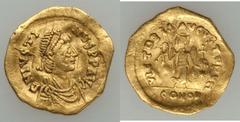 Anastasius - Maurice Tiberius. Lot of three (3) AV solidus and tremisses.  Includes:  (1) Anastasius (AD 491-518). AV tremissis (1.38 gm). Constantinople, AD 492-518. Pearl-diademed, draped, and cuira