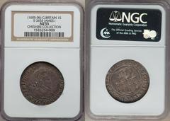 James I (1603-25) Shilling ND, S-2655, AU55 "Cheshire Collection" NGC, 2nd Coinage, Rose mm (struck 1605-06), struck slightly off center yet a choice and appealing coin offering an exceptionally well-