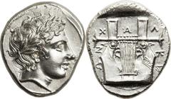 MACEDON. Chalcidian League. Ca. 390 BC. AR tetradrachm (27mm, 14.44 gm, 12h). Olynthos mint. Laureate head of Apollo right / Kithara within incuse square; X-A-Λ-KI[Δ]-EΩN around. Robinson & Clement gr