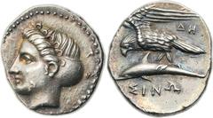 PAPHLAGONIA. Sinope. Ca. 410-350 BC. AR stater (20mm, 6.08 gm, 12h).  Head of nymph Sinope to left, hair partially bound in a sakkos, Aramaic letter on cheek and two more in field behind, border of ti