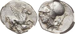 Leucas. Ca. 350 BC. AR stater (23mm, 8.59 gm, 10h).  Pegasus flying right, Λ below (obscured by die break) / Head of Athena left in Corinthian helmet, Λ and kerykeion behind. Cf. Calciati 84 (Pegasus 