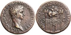 Claudius (AD 41-54). Orichalcum sestertius (33mm, 28.74 gm, 6h).  Rome, AD 50-5. TI CLAVDIVS CAESAR AVG P M TR P IMP P P, laureate head of Claudius right / NERO CLAVDIVS DRVSVS GERMAN IMP S – C, trium