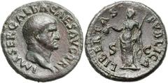 Galba (AD 68-69). Æ as (28mm, 11.41 gm, 6h). Rome, June-December AD 68. IMP SER GALBA CAES AVG TR P, bare head of Galba right / LIBERTAS PVBLICA S-C, Libertas standing left, holding pileus and scepter