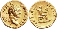 Titus as Caesar (AD 69-79). AV aureus (20mm, 7.27 gm, 12h).  Rome, AD 73. T CAESAR IMP VESP CENS, laureate head of Titus right / PONTIF – TRI POT, Titus seated right on curule chair holding scepter an