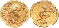 Domitian as Caesar (AD 69-81). AV aureus (20.5mm, 7.18 gm, 6h).  Rome, under Vespasian, AD 77/8. DOMITIANVS CAESAR AVG F, laureate head of Domitian right / COS V, Parthian captive kneeling right, pres