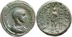 Diadumenian as Caesar (AD 217-218). Orichalcum sestertius (33mm, 25.94 gm, 6h).  Rome, AD 217-218. M OPEL ANTONINVS DIADVMENIANVS CAES, bareheaded, draped and cuirassed bust of Diadumenian right / PRI