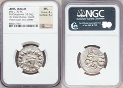 LYDIA. Tralles. Ca. 166-67 BC. AR cistaphorus (27mm, 12.64 gm, 12h). Dion, magistrate. Undated, struck ca.100-90 BC. Cista mystica with serpent; all within ivy wreath / Bow case with serpents; ΔION ab