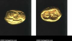 Lydia, Period of Croesus, 560-546 BC, AV stater, (10.7 gm). Foreparts of roaring lion and bull confronting/Incuse divided into two compartments, SG 3411. VF. Substantial gold staters, such as this spl
