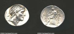 Syria, Kings of. Antiochos III, the Great, 223-187 BC, AR tetradrachm, (16.9 gm.), Diademed head of Antiochos right, with idealized features/Naked Apollo seated left on omphalos, holding an arrow and 