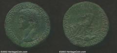Nero Claudius Drusus, Died 9 B.C., AE sestertius (24.06 g) issued under Claudius, 41-54 A.D. Bare head left/ Claudius seated left, holding eagle-tipped scepter, amid pile of arms. RIC 109 (Claudius). 